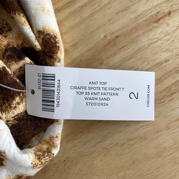 Chico's Knit Top Size 2 Giraffe Sports Tie Front Short Sleeve NWT TP-2201 - Picture 7 of 9